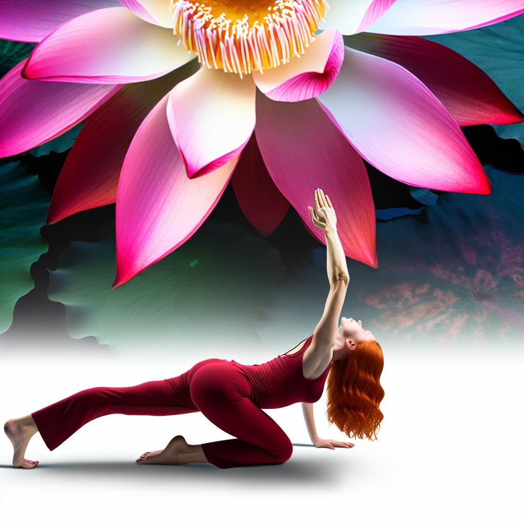 a single white female with red hair doing downward dog with a large lotus flower for the background-2